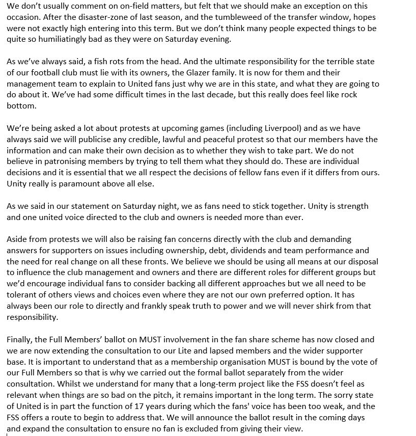 sistoney67's tweet image. Updated statement from MUST on @ManUtd situation. Starts with: "Don’t think many people expected things to be quite so humiliatingly bad as they were on Sat.
A fish rots from the head. Ultimate responsibility for terrible state of our football club must lie with Glazer family."