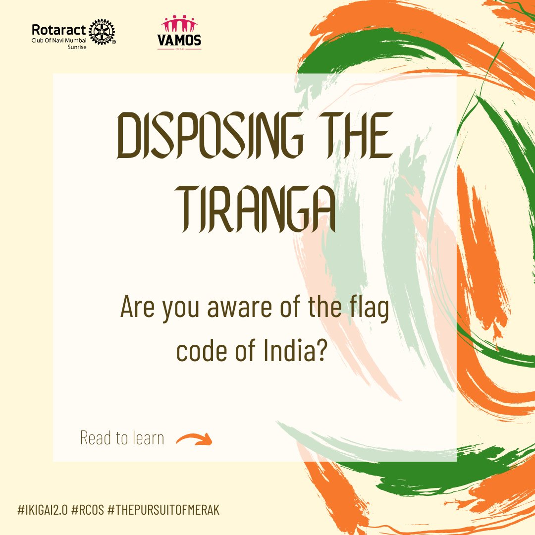 rcos_nm's tweet photo. Indians celebrated 75 years of Independence with a lot of enthusiasm, hoisting the Tiranga with love and respect, but many still don't know how to dispose them! Check our thread to know more:https://t.co/ZhTpENzsQM #IndependenceDay #AzadiKaAmritMahotsav #HarGharTiranga #rotaract https://t.co/2DsEiTj71f