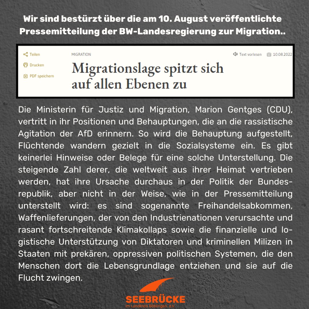 SBoblingen's tweet photo. Am 10.8. veröffentliche die @RegierungBW eine Pressemitteilung unter der populistischen Überschrift "Migrationslage spitzt sich auf allen Ebenen zu" und äußert darin geradezu AfD-nahe Positionen. Wir widersprechen &amp; fordern die sofortige Umsetzung des #Landesaufnahmeprogramm. B! https://t.co/JWweNOV7oa