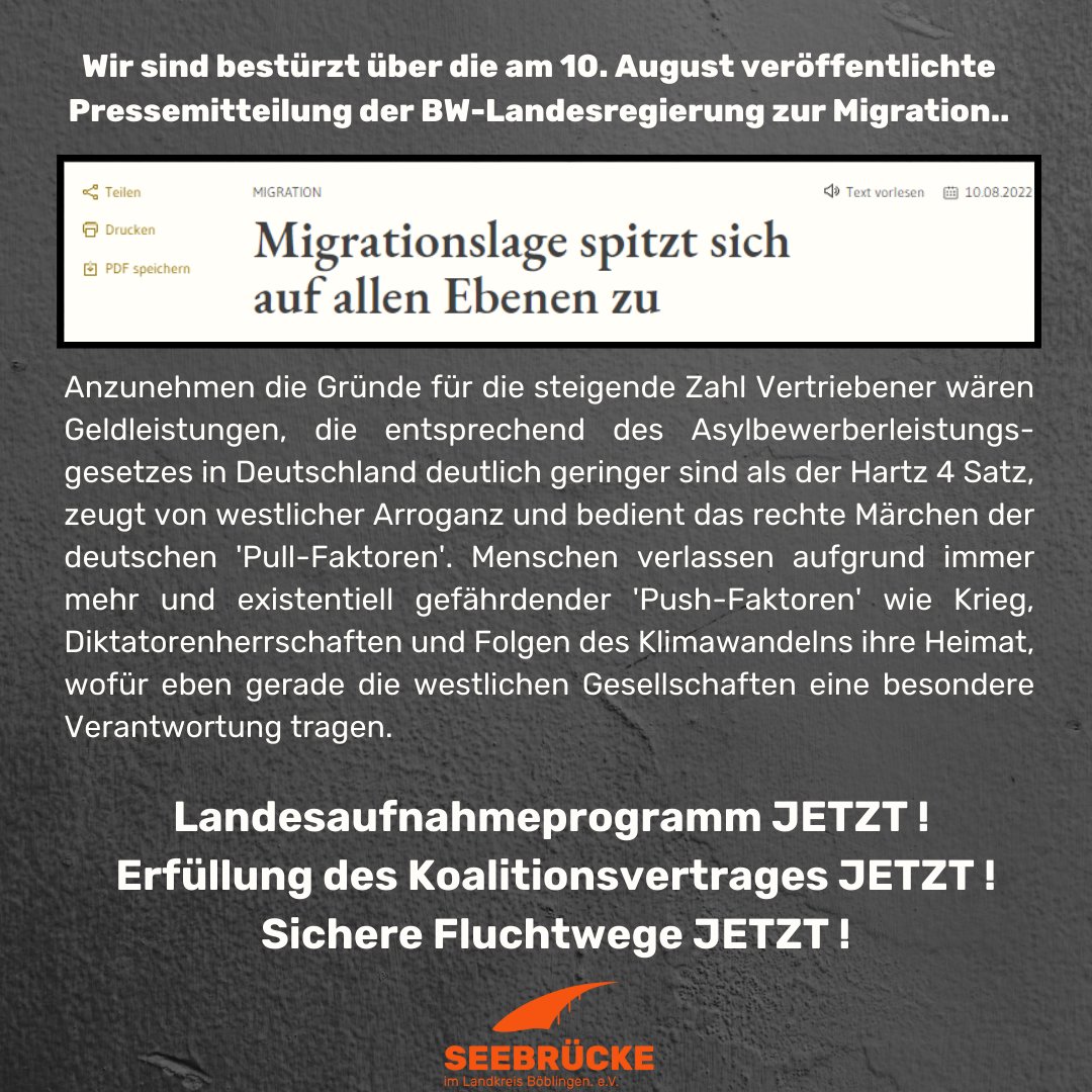 SBoblingen's tweet photo. Am 10.8. veröffentliche die @RegierungBW eine Pressemitteilung unter der populistischen Überschrift "Migrationslage spitzt sich auf allen Ebenen zu" und äußert darin geradezu AfD-nahe Positionen. Wir widersprechen &amp; fordern die sofortige Umsetzung des #Landesaufnahmeprogramm. B! https://t.co/JWweNOV7oa