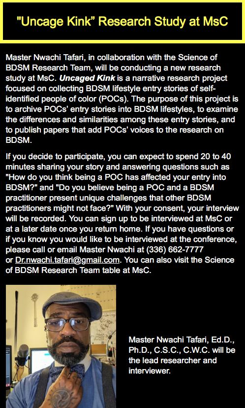 MsCNews's tweet photo. During MsC 2022, People of Color can choose to participate in this important study lead by Dr. Nwachi Tafari and the Science of BDSM team. 

Sign up early by emailing Dr.nwachi.tafari@gmail.com

Thank you! https://t.co/fyoxB1jeL8