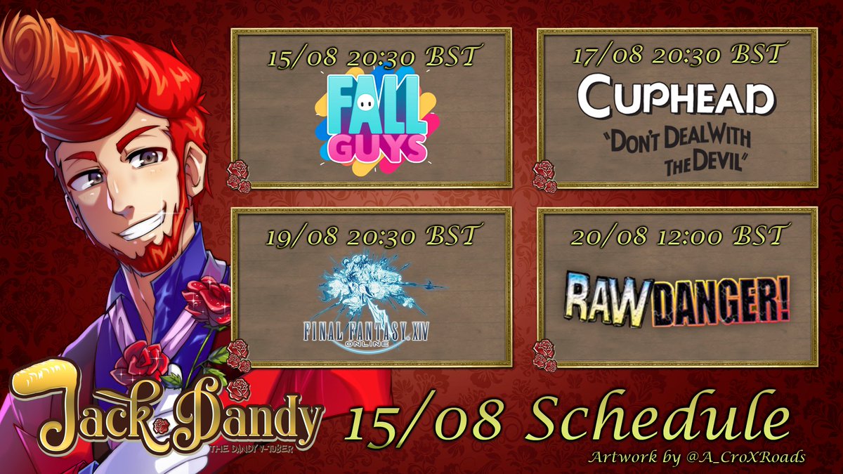 DandyJackDandy's tweet photo. Make my monster, it's the schedule!
This week we gotta go fast in #FallGuys, will definitely beat the last bosses in #Cuphead, finally get to take a holiday in #FFXIV and meet and be more weirdos in #RawDanger
Be there and be DANDY!
#Vtuber #ENVtuber #VtuberEN https://t.co/XJGBSAGIlw