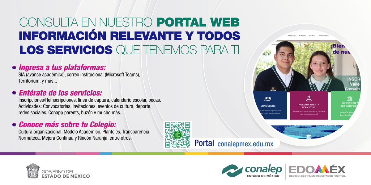 ConalepBQA's tweet photo. Estudiante de CONALEP Estado de México te invitamos a ingresar al Portal Web https://t.co/ym9NQk930V donde podrás consultar información relevante de todos los servicios que ofrecemos para ti.
@israeljeronimol
@MarlonM202
@Conalep_Edomex https://t.co/Nnjrw5Sfqf