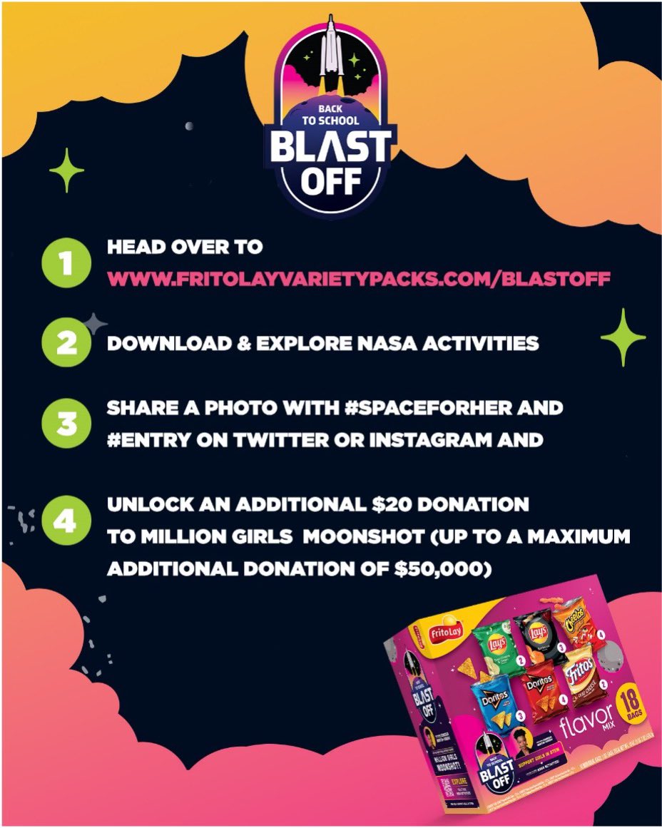 #ad Make sure you’ve shared your STEM activity on Twitter or Instagram with #SpaceForHer and #Entry so @flvarietypacks will make a $20 donation to @girlsmoonshot, an amazing program giving girls the opportunities to become future space explorers 💫