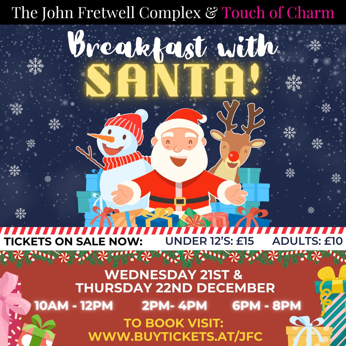 ￼🎄🎅THE WAIT IS OVER! 🎅🎄Tickets to our incredible annual Breakfast With Santa event, in Partnership with Touch of Charm are on sale now! buytickets.at/jfc
￼
 🥳 NEW TO 2022- EVENING VISITS! 🥳
￼
buytickets.at/jfc