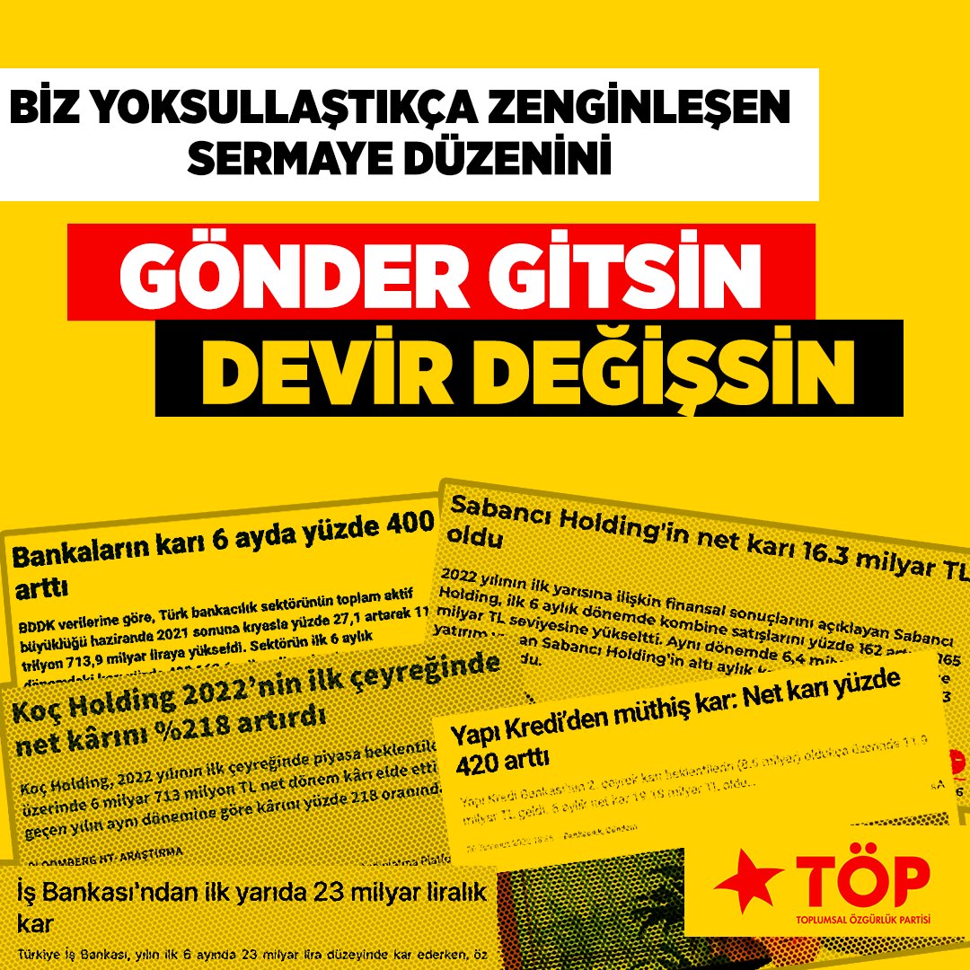 toplumsalozgur's tweet photo. Milyonlarca insanı soydular, birkaç bin kişi daha fazla kazansın diye.
Keyfi bir yönetim, saltanat, soygun düzeni kurdular. Yiye yiye doymadılar. Sermayedarlar tarihlerinin en büyük kârlarına ulaştılar.
#GönderGitsinDevirDeğişsin https://t.co/N5KwXbkTw1