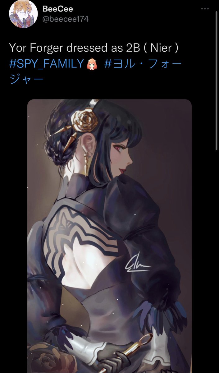 _misatokinnie_'s tweet photo. Unit Yor 2B

Original/ Art by @beecee174 

#SPY_FAMILY #nier 
Yor looks amazing in 2Bs dress tbh https://t.co/IDNTUkrNHE