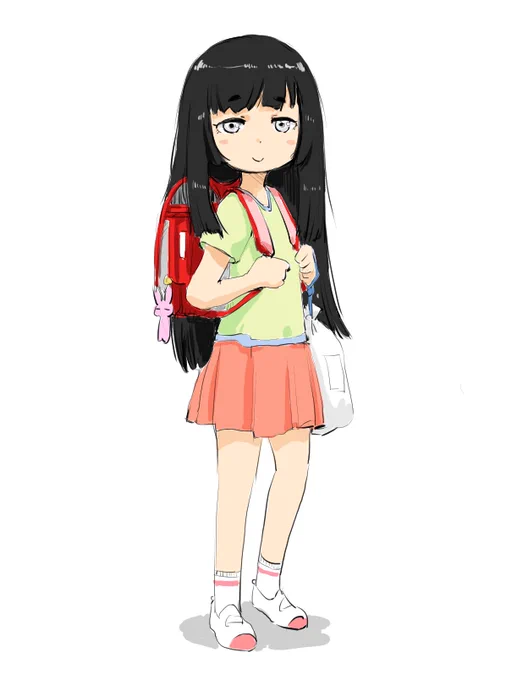 ohyoちゃん(8)髪:濃い黒色のロングヘアー瞳:ジト目な薄い白色特徴:寝るのが好き性格:癒し系鞄の小物:キーホルダー持ち物:上履き袋#女子小学生になってみた # 