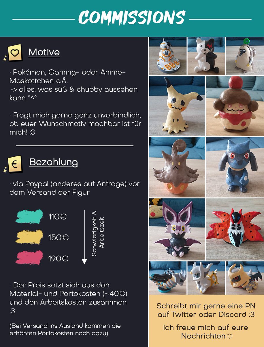 Ich habe endlich eine Übersicht für #Commissions erstellt! 👀 
Ich hatte bislang ein paar Hemmungen das Ganze wirklich zu bewerben, aber ich bin stolz auf meine Figuren und es steckt viel Zeit &amp; Liebe drin, also let's go! °^°

(Und ausnahmsweise mal: Retweets wären super lieb ♥)