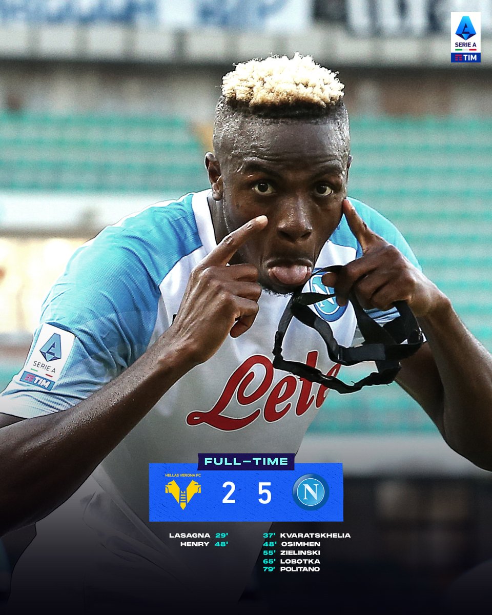 SerieA's tweet photo. ⏱️ FT | Il @sscnapoli dilaga al Bentegodi e brinda 5 volte all'esordio in #SerieATIM 💎! 

#VeronaNapoli 2️⃣-5️⃣ https://t.co/6kMi0V16FL