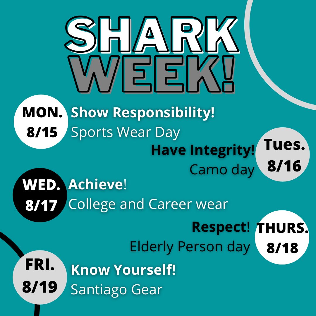 Hey sharks! This week is shark week where we focus on what it means to #BeaShark!! We are looking forward to seeing our sharks dress up this week! #SHSBeaShark #TodayatSHS 🦈🤍