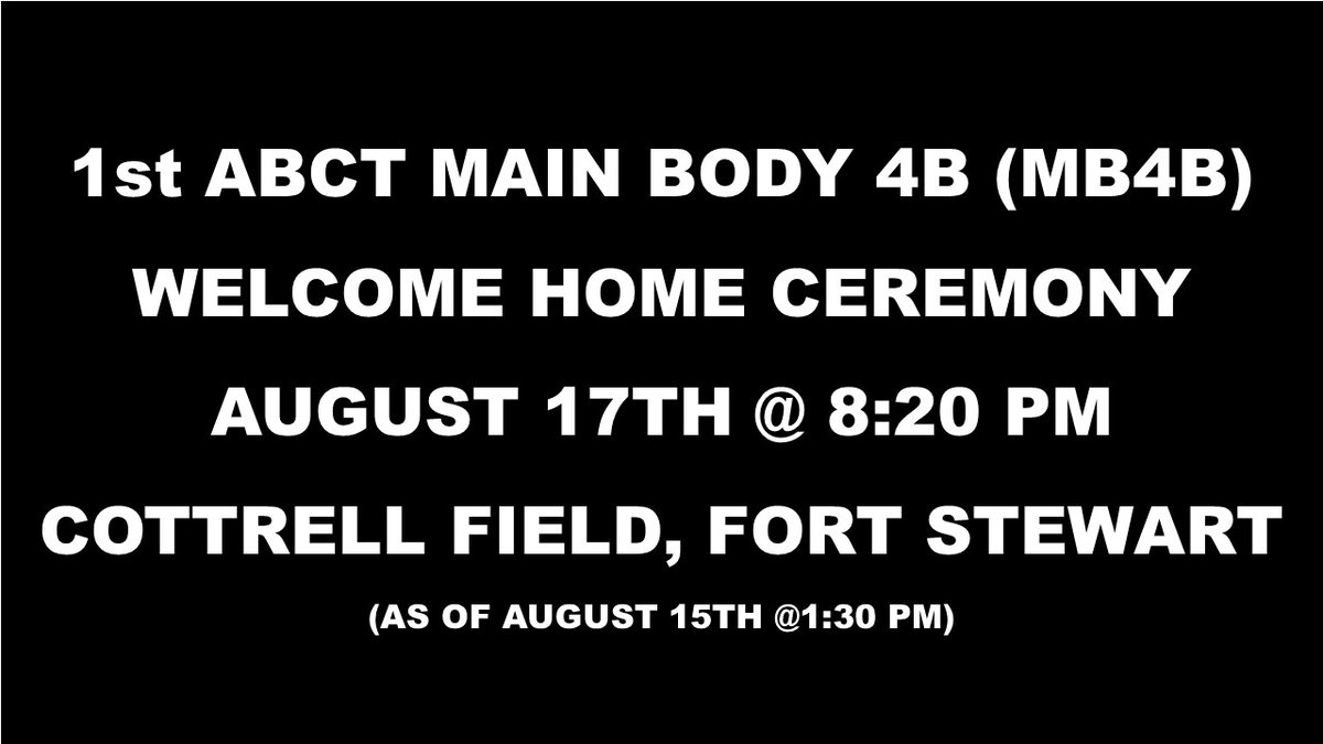 3rd_Infantry's tweet photo. Raider 1st Armored Brigade Combat Team, 3rd Infantry Division Main Body 4B (MB 4B) Welcome Home Ceremony will be held on August 17th at 8:20 p.m. on Cottrell Field on Fort Stewart.
Please see the following link for ceremony updates.
https://t.co/5L83R0co5t
#RaidersFirst #ROTM https://t.co/sz6hji5IHj