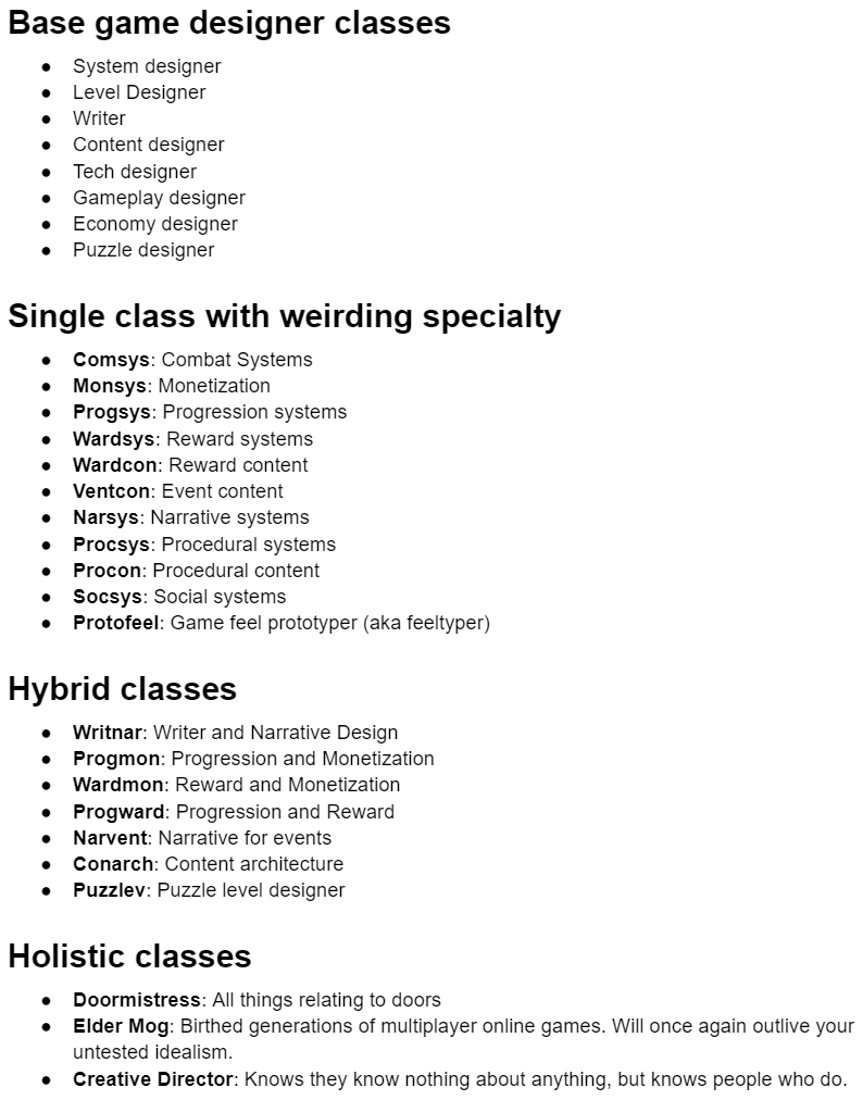 Updated canonical list of all game designer roles as determined by Experts In The Field