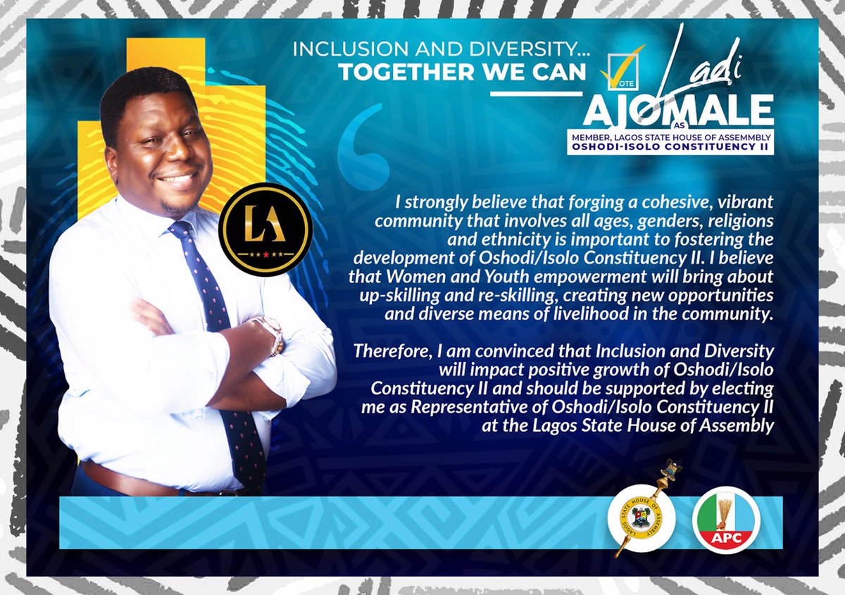 OshodiIsoloCon2's tweet photo. For cohesive and vibrant community, Think Ladi. #LA2023 #OshodiIsolo #Constituency2 https://t.co/Nn9J1imREd