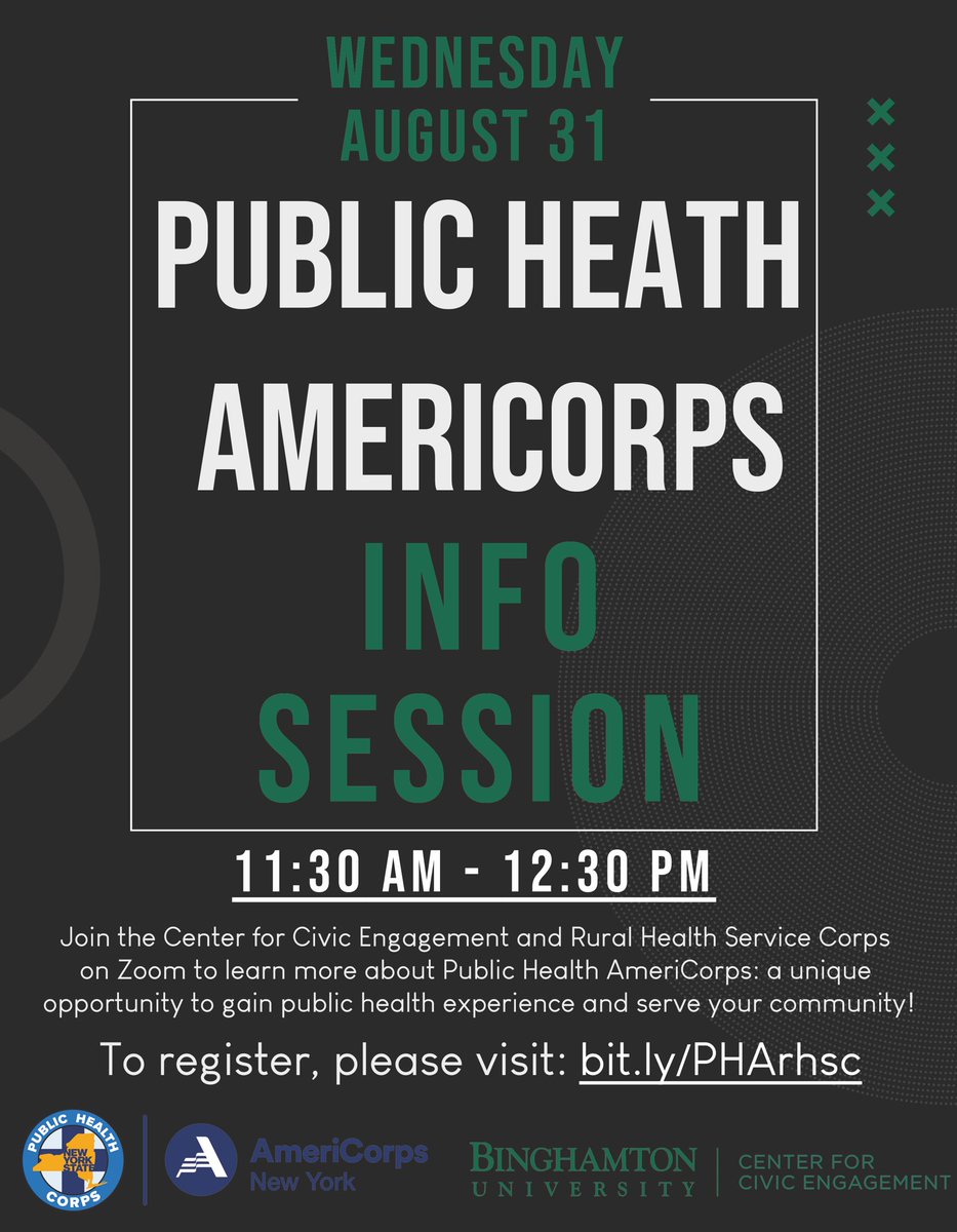 AmeriCorpsRHSC's tweet photo. Join RHSC Assistant Director Haley Desilet and the @binghamtonu Center for Civic Engagement on 8/31 to learn more about Public Health #AmeriCorps! Register here: 
https://t.co/FXjokgCHK5 https://t.co/ZjB547QOK5