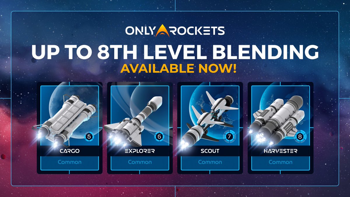 OnlyRocketsio's tweet image. Now you can upgrade your rockets up to 8th level: we’ve opened 5th, 6th, 7th and 8th level blending!
 
Check details in the community and Whitepaper updates:

whitepaper.onlyrockets.io
discord.gg/abYFgt98QP

Good luck!

#PlayToEarn #NFTGaming #gamedevelopment