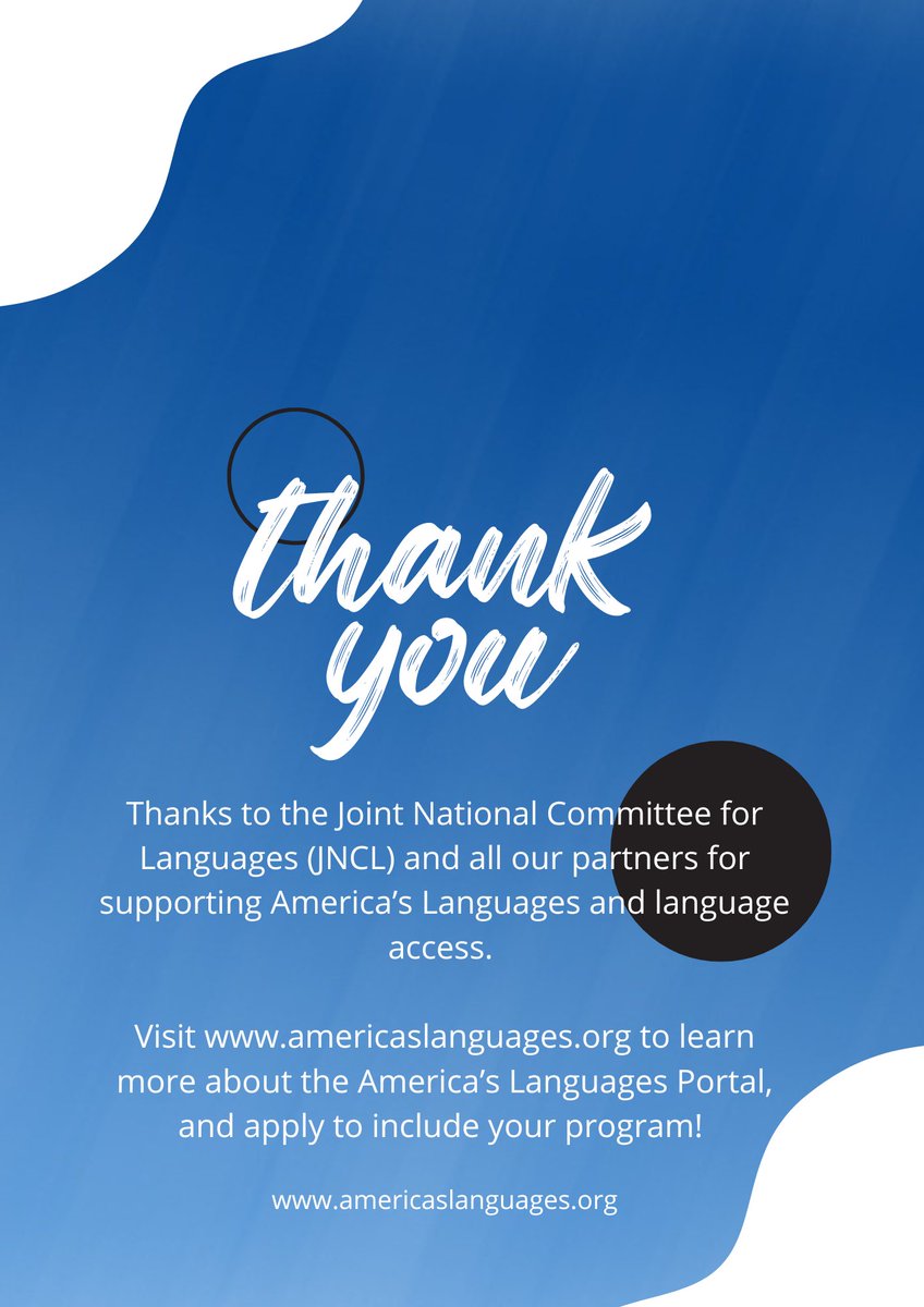 America's Languages Working Group (@americaslangua1) on Twitter photo Thanks to <a href="/JNCLInfo/">Joint National Committee for Languages</a> and all our partners for supporting America’s Languages and language access.
Visit americaslanguages.org to learn more about the America’s Languages Portal, and apply to include your program! Thanks to <a href="/JNCLInfo/">Joint National Committee for Languages</a> and all our partners for supporting America’s Languages and language access.
Visit americaslanguages.org to learn more about the America’s Languages Portal, and apply to include your program!