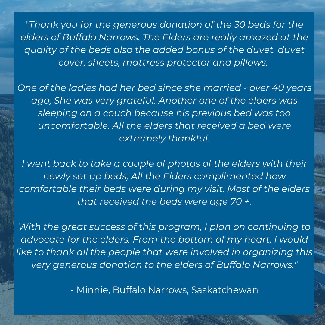 Recently, a shipment of 30 beds arrived in Buffalo Narrows, Saskatchewan. We are grateful for people like Minnie who continue to champion their communities and help them grow by providing support to those who need it the most. <a href="/silkandsnow/">Silk & Snow</a> #truenorthaid #Indigenous