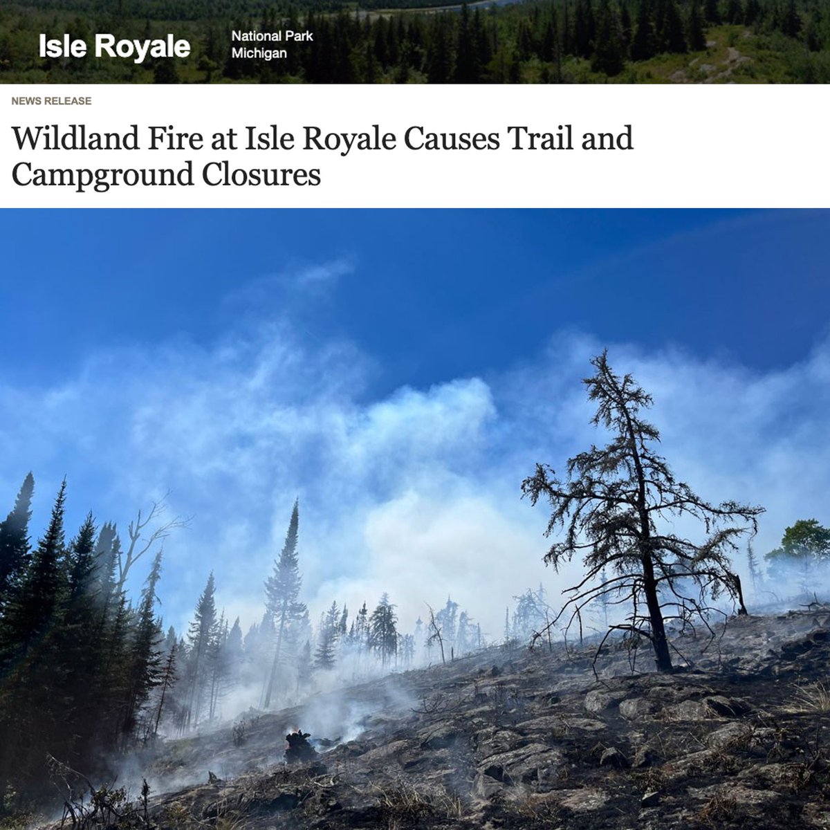 SpecialAgentNPS's tweet photo. Fire investigation underway in Isle Royale National Park – do you have information that could help? 
Tips 📲 888-653-0009 or https://t.co/NiZY9LTD2R

Mt. Franklin Fire info at https://t.co/ZsZlzXyE6i

#IsleRoyale #wildlandfire #seesomethingsaysomething #RecreateResponsibly #NPS https://t.co/kVFNGSyEfE