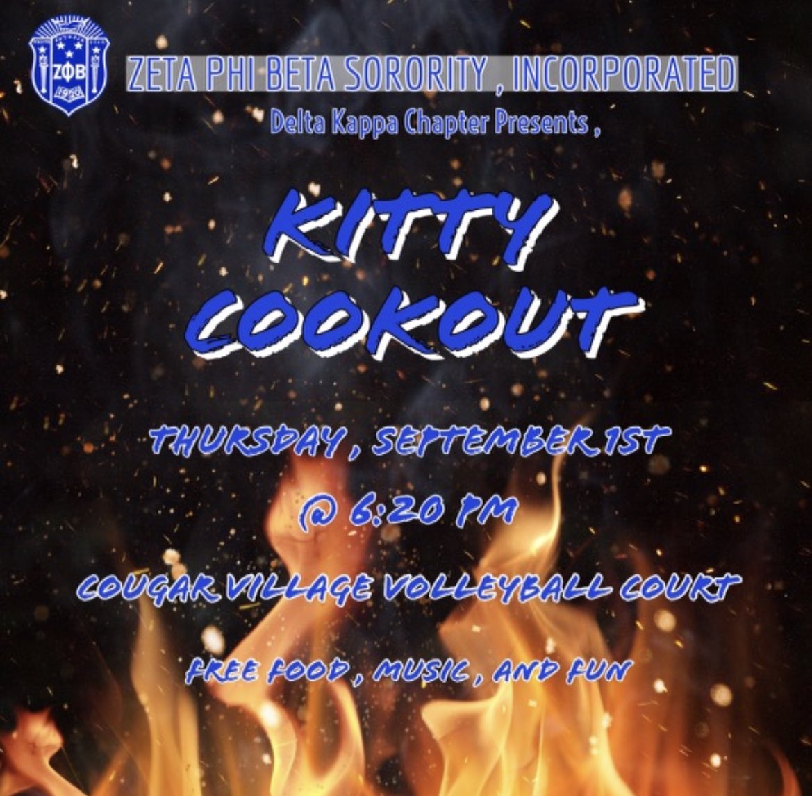 DeltaKappaZetas's tweet photo. ATTENTION 🗣 

It’s that time of the year again! Come join us for our annual Kitty Cookout on Thursday,  September 1st at 6:20 pm. There will be games, music, and food while supplies last. Come hang out with your favorite KittieZ! 😼

See y’all soon 💙 https://t.co/UVE6xx1UJV