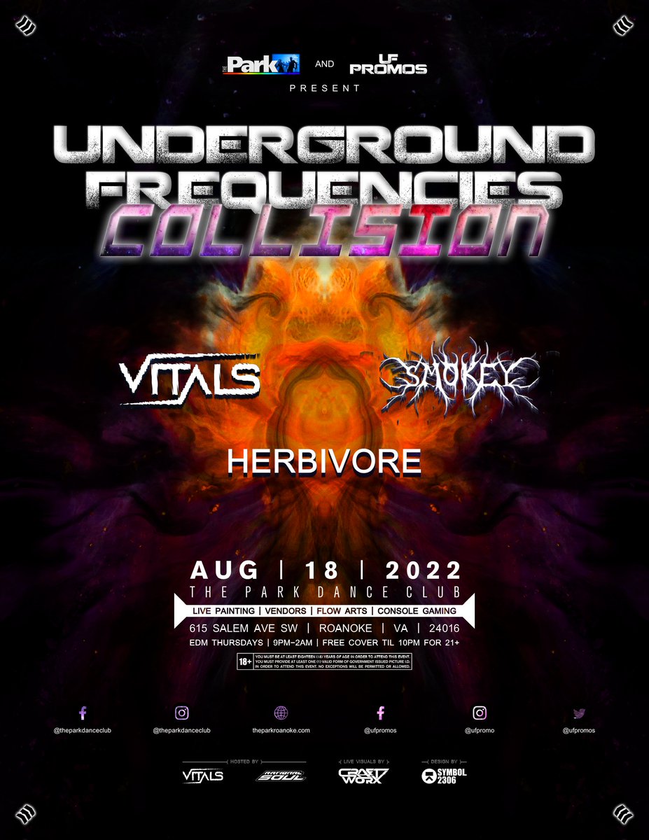 UFPROMOS's tweet photo. ‼️THIS THURSDAY, AUGUST 18TH‼️
Vitals, Smokey, and Herbivore take the stage for Underground Frequencies (Collision) for a night of DnB, Dubstep, Riddim, and Tearout! https://t.co/sxo9e0LeA8