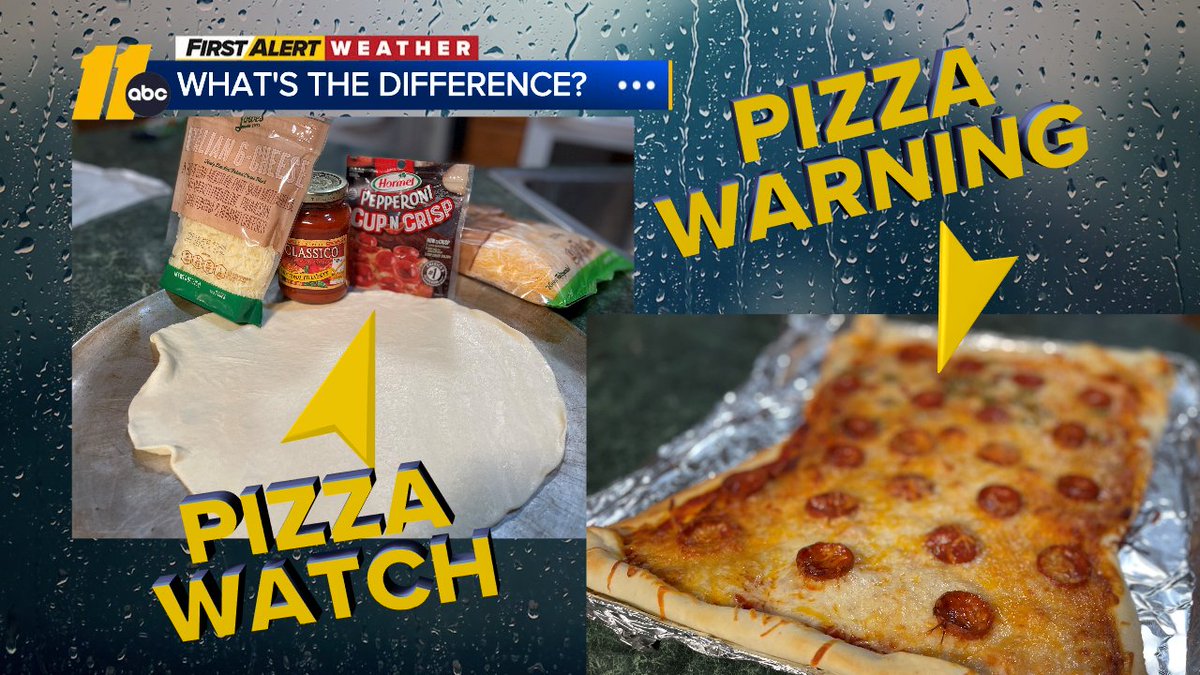 BigweatherABC11's tweet photo. A 'watch' means ingredients are in the atmosphere to make a pizza. It means a pizza could happen. A 'warning' means the ingredients came together & Pizza is 'happening' right now, or will soon, so you need to get the parmesan ready. #watchvswarning https://t.co/0XVtTntMeb