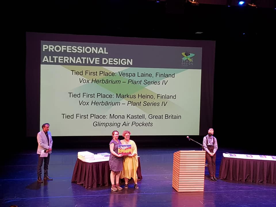 MKecodesign's tweet photo. So grateful and feeling peer recognition &amp; support as I win 1st place in 'Alternative Design' at @WSD2022 
I share this with my wonderful team for #glimpsingairpockets 
#oistat #scottishtheatre #dance #ecoscenography #greentheatre #TheStage #creativescotland https://t.co/ROuBBxYt3w
