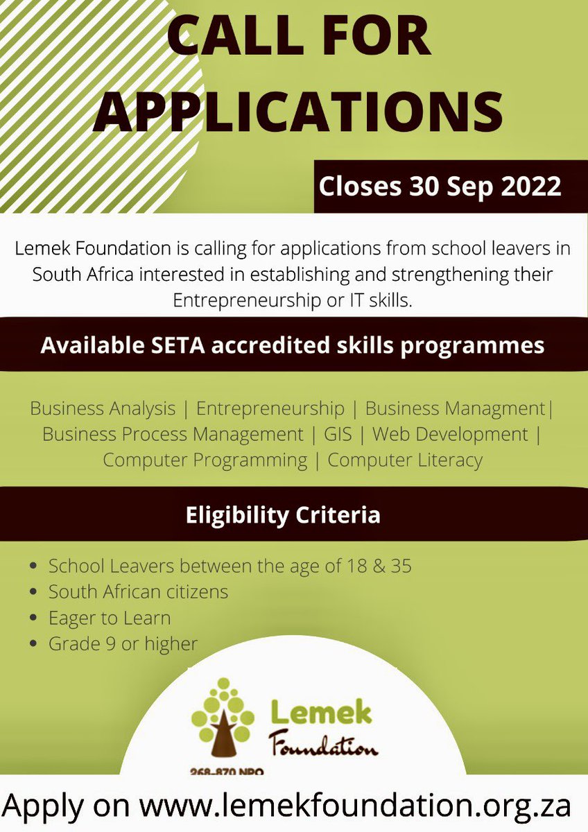 ILeadSelfDefens's tweet photo. Our sisters at Lemek Foundation are providing SETA Accredited Entrepreneurship and IT bursaries at no cost, for our youth. 

Please support via sharing. 

Do not miss out on this amazing opportunity.

#FreeEducation
#WomensMonth2022 
#iLeadSelfDefense https://t.co/HVtv53nZsw