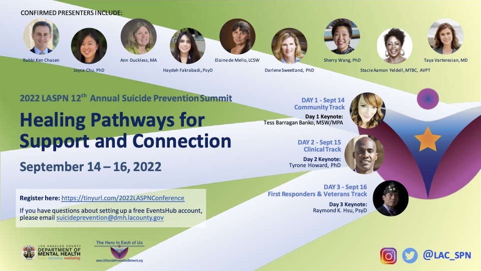 Registration for our 12th Annual Suicide Prevention Summit is now open. Please click the link below to register for free: tinyurl.com/2022LASPNConfe…