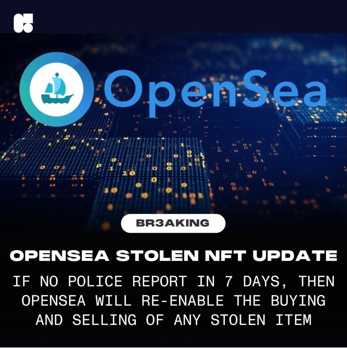OpenSea is now implanting a policy that they’ll re-enable buying and selling of any reportedly stolen NFTs if no police report is filed within 7 days. What do you think about this?