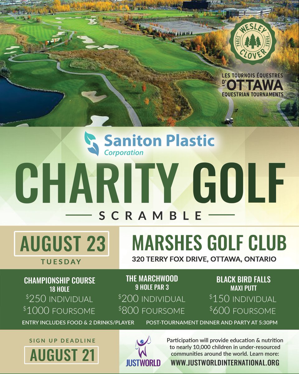 In a beautiful land, par, par, away... ⛳️🙊 Our friends at Ottawa Equestrian Tournaments and Saniton Plastic are hosting an incredible golfing venture Tuesday, August 23 that is sure to be a blast!  Contact hello@wesleycloverparks.com before August 21 to register.