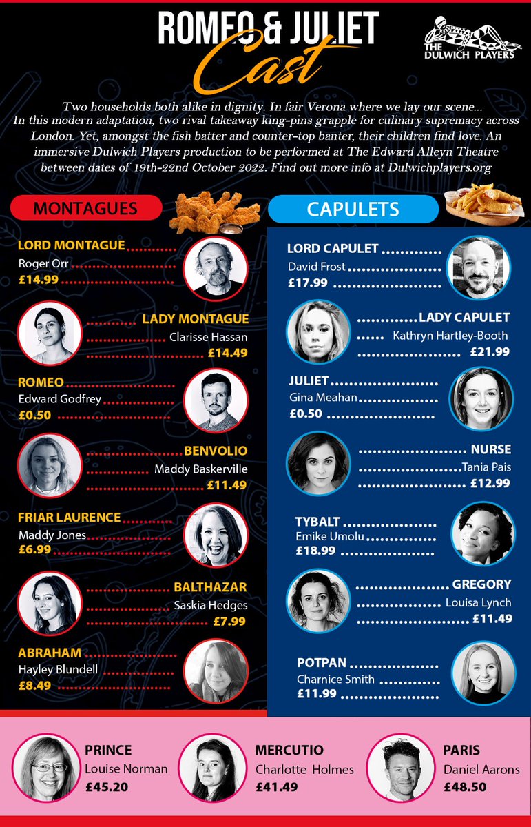 DulwichPlayers's tweet photo. Cast Reveal:
Tickets for our upcoming production of #RomeoandJuliet set in two rival takeaways are now on sale here: https://t.co/JRJLLPdZ4B
October 19th - 22nd 2022 at 8pm with a 3pm matinee on the 22nd.
The menu is below - are you #TeamMontague or #TeamCapulet? https://t.co/oi4Nmog4Un