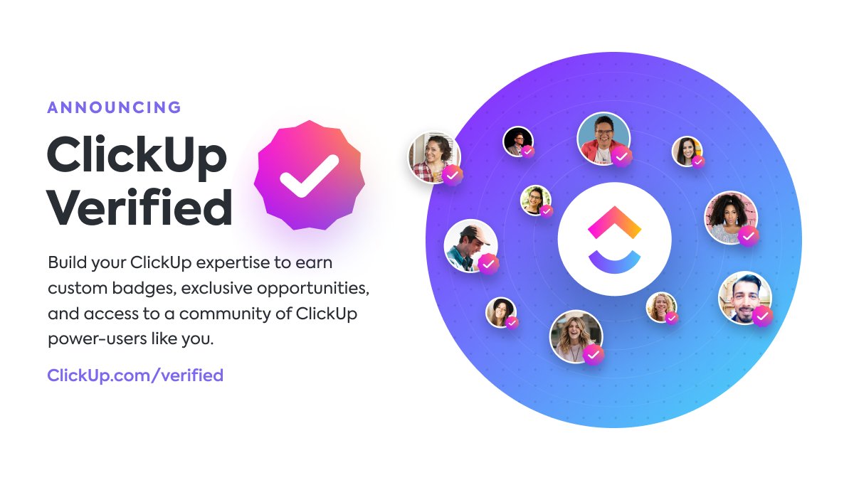 clickup's tweet photo. So, you're verified on Insta & Twitter? But... are you verified on ClickUp?😏 THAT's the real question.
Show us what you're made of & become ClickUp Verified! Earn exclusive badges, access a community of productive superstars (just like you!) & join the #ProductivityParty.💫 https://t.co/unBri4sTM2