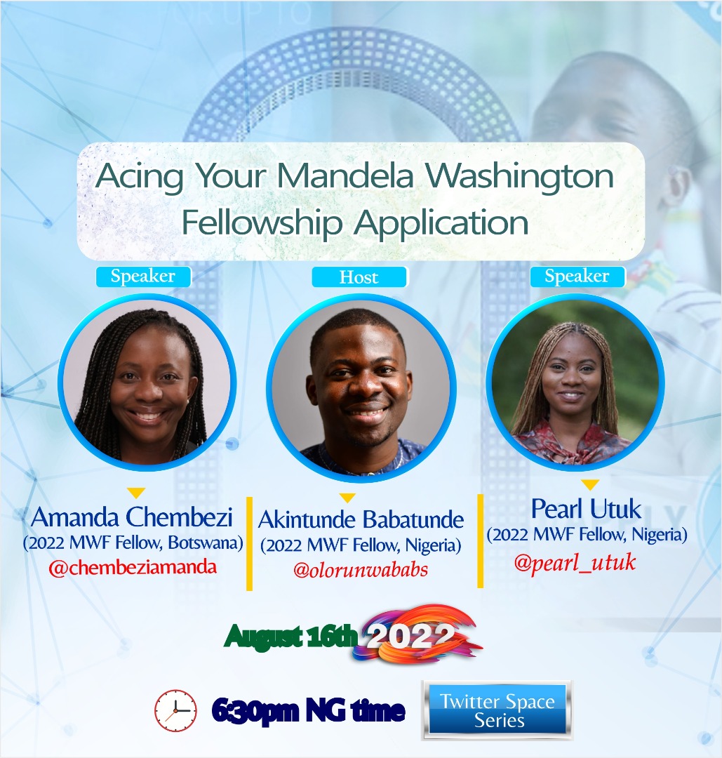 Set a reminder for my upcoming Space tomorrow on Acing Your Mandela Washington Fellowship Application with <a href="/chembeziamanda/">Amanda Chembezi</a> and <a href="/pearl_utuk/">I.am.Pearl</a> x.com/i/spaces/1DXxy…
Time is 6:30pm (NG time)
#MandelaFellow