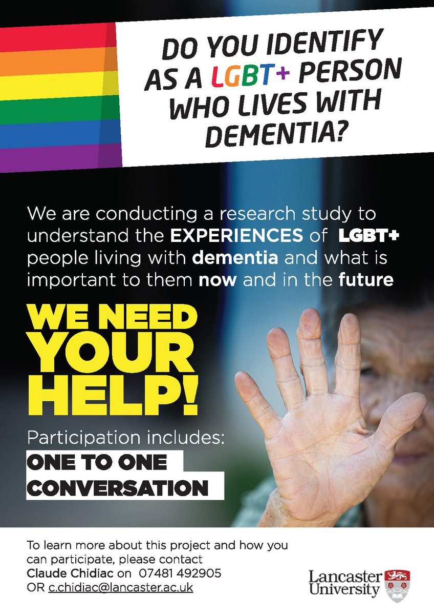 Young Dementia Network (@youngdemnetwork) on Twitter photo Do you identify as a #LGBT+ person who lives with dementia? 🌈
Researchers at Lancaster University are studying the experiences of LGBT+ people living with #dementia. For more info email c.chidiac@lancaster.ac.uk, or click here 👇
youngdementianetwork.org/wp-content/upl… Do you identify as a #LGBT+ person who lives with dementia? 🌈
Researchers at Lancaster University are studying the experiences of LGBT+ people living with #dementia. For more info email c.chidiac@lancaster.ac.uk, or click here 👇
youngdementianetwork.org/wp-content/upl…