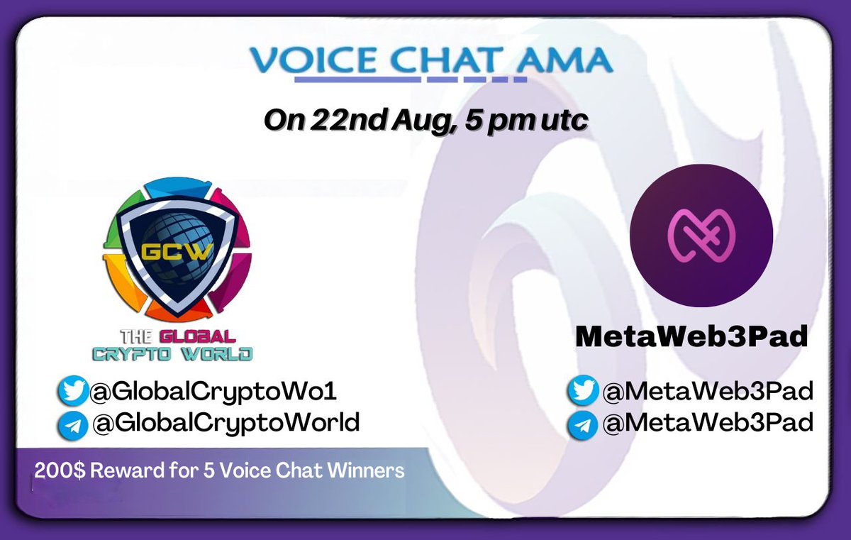 zorro_ct's tweet photo. 📢 We're Pleased to announce our next voice #AMA with MetaWeb3Pad on 22nd Aug, 5 pm utc.

💰 Reward Pool: 200$
Venue: https://t.co/F9YCisccTH 

♦️ Rules: 
✅ Follow https://t.co/3ZY236I8qu
✅ Like &amp; RT
✅ Comment Questions &amp; Tag 3 Friends with your BEP20 address. https://t.co/xESqEmKV50