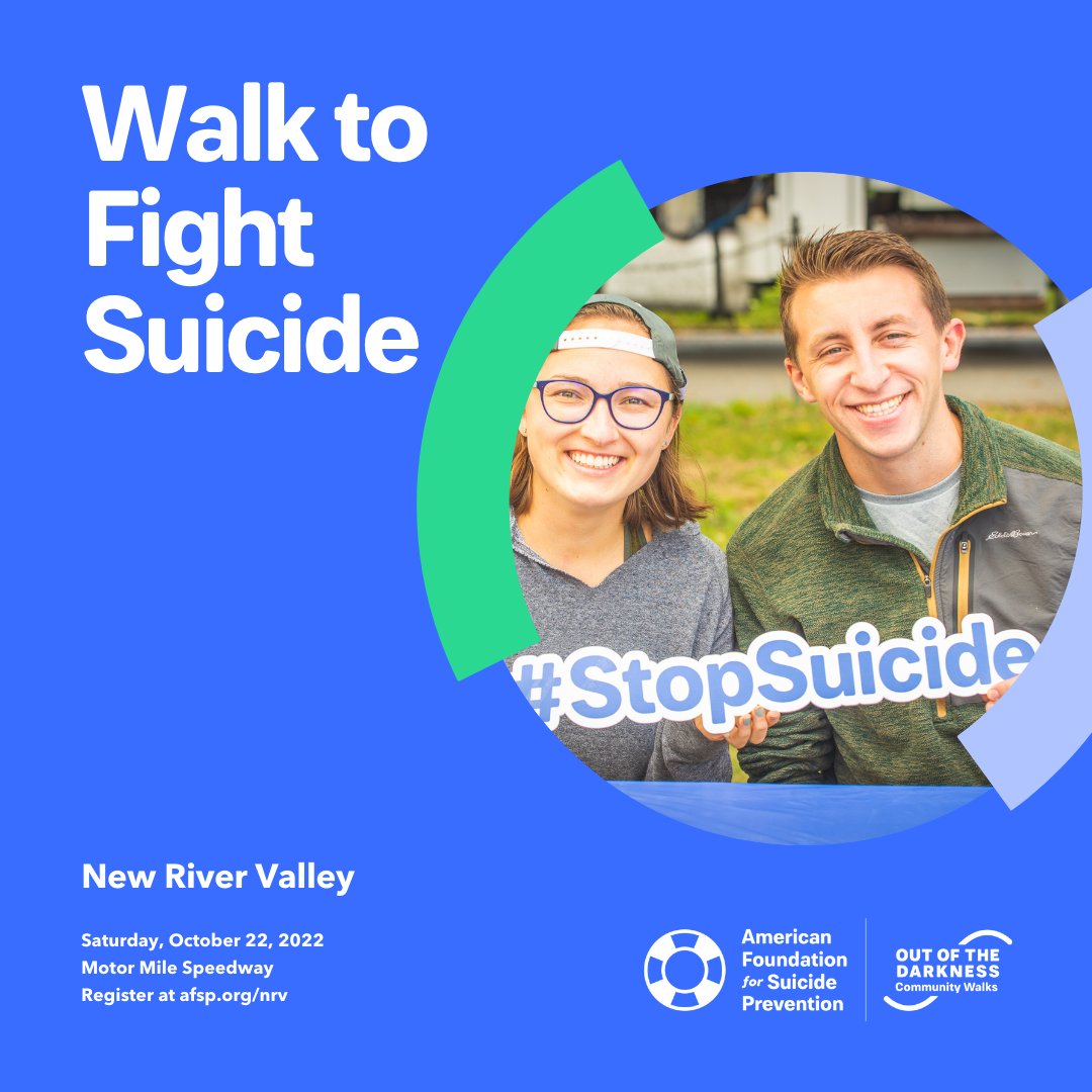 "The Out of the Darkness Walk is coming to the New River Valley! Join us at the Motor Mile Speedway on October 22 to stop suicide. Check out afsp.org/nrv to register, donate or sponsor the walk. <a href="/NRVCSofficial/">NRVCS</a>  
#SuicidePreventionDay