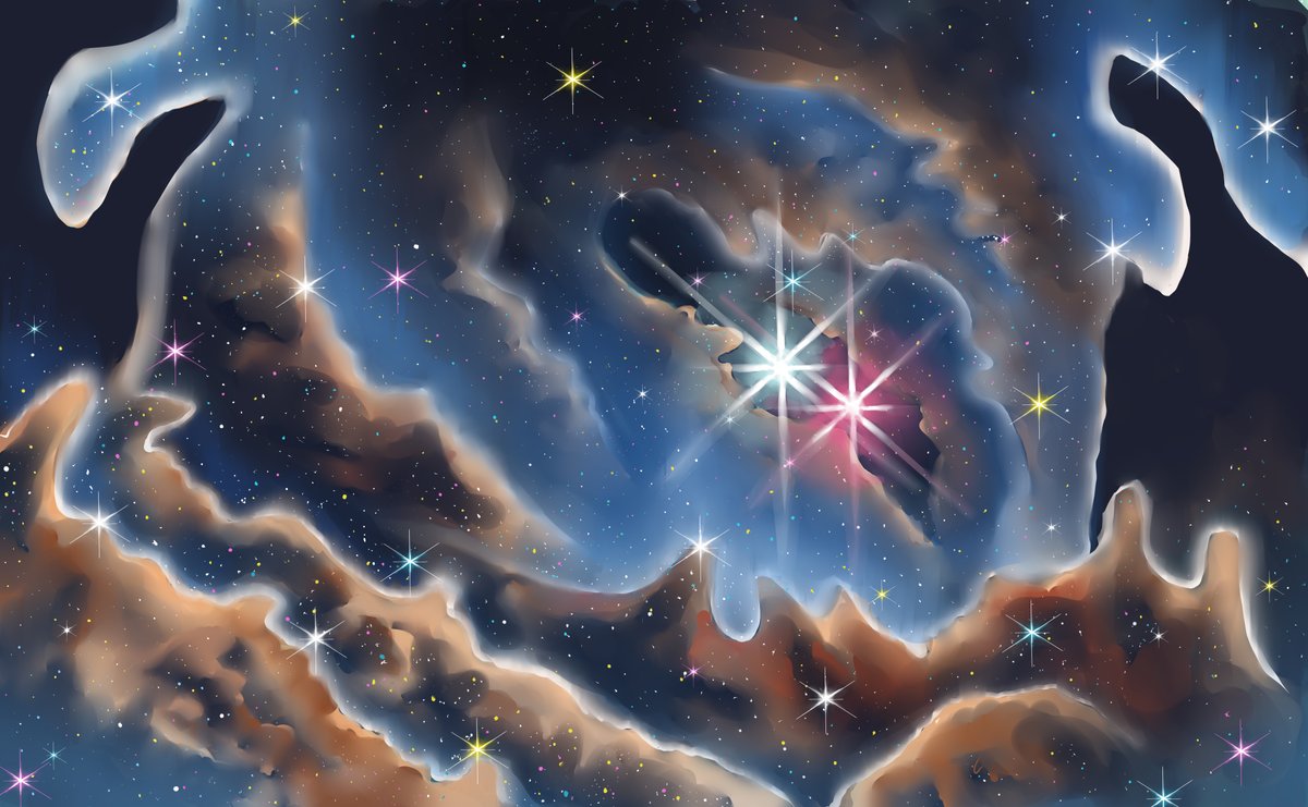 Ackernym's tweet photo. I know it's a bit late, but I FINALLY finished a piece I made in honor of the first images from @NASAWebb 
#illustration #Space #NASA #jameswebb #digitalart https://t.co/RzwGwFwuFe