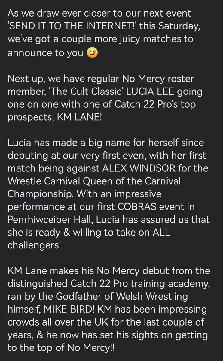 🚨 MATCH ANNOUNCEMENT! 🚨

🎟 tinyurl.com/nomercywrestli… or on the doors!
📆 August 20th, 2022
⌚ Doors - 2pm | First Bell - 2:30pm
📍 The Pit, Team Rees Gym, Caerphilly