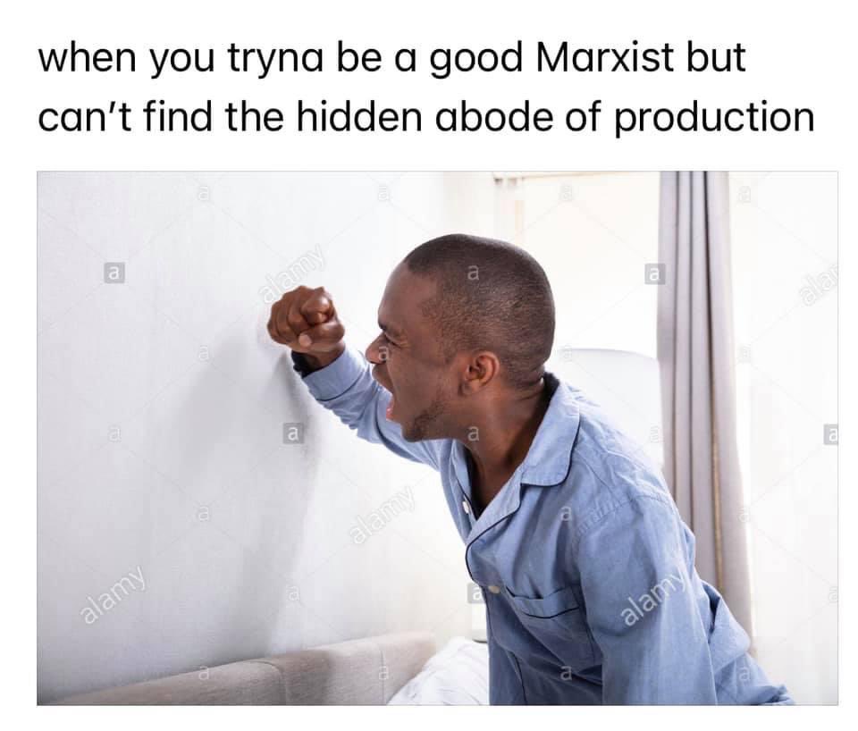Marx: “we therefore take leave for a time of this noisy sphere, where everything takes place on the surface and in view of all men, and [go] into the hidden abode of production”