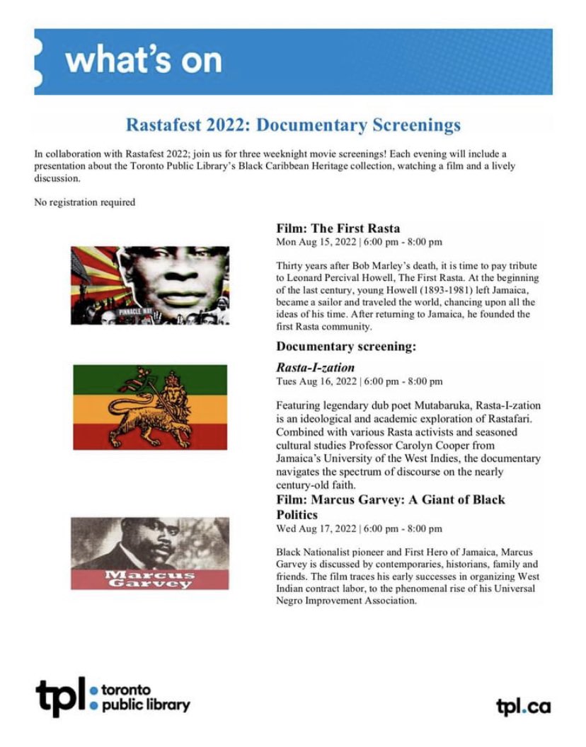 studiom1672's tweet photo. Rastafest documentaries - free admission
August 15 - August 17 - 6 pm to 8 pm
Maria A. Shchuka - 1745 Eglinton Avenue West at
Glenholme @littlejamaicaeg @YorkEglintonBIA @FairbankVillage https://t.co/bEbtQg25W6