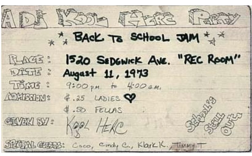 MCDebbieD's tweet photo. #Bronx Kool Herc & his sister Cindy. Herald as Hip Hop’s 1st Promoter because it was HER idea to host a Back To School party 8/11/73 in the Rec Room where they lived. It became the documented date of the #originsofhiphop. Flyer is a replica. #ImAPioneer https://t.co/BeOvuwIN7i