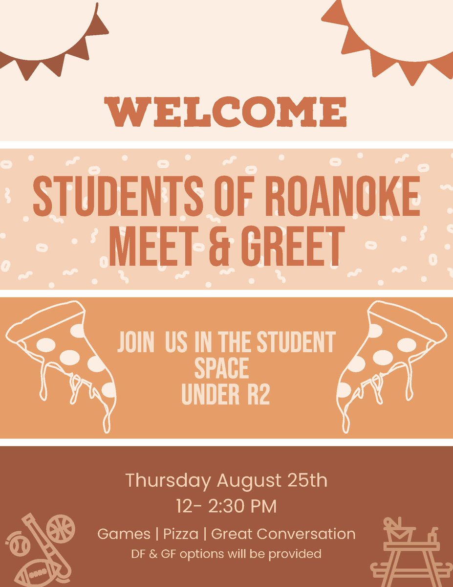 RoanokeGSA's tweet photo. 🎉Come hangout with us for pizza and fun next week at the Students of Roanoke Meet &amp; Greet! 🍕 Don't forget to stop by the 'Noke Fair before joining us!

Register here: https://t.co/5T845DQQS2 https://t.co/N2qnpgQILg