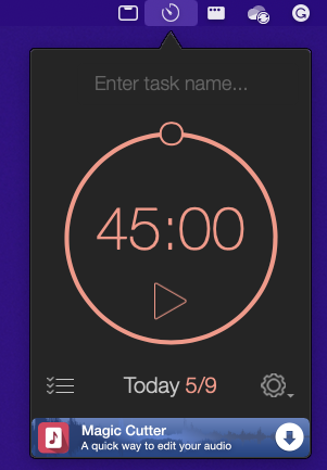 SamJ_57's tweet photo. @nireyal If you're on a mac, this Pomodoro timer is fantastic!

https://t.co/w0DzeDEpDJ

It sits in your taskbar and counts down, then goes into break-time. https://t.co/zd4p9ET6rd