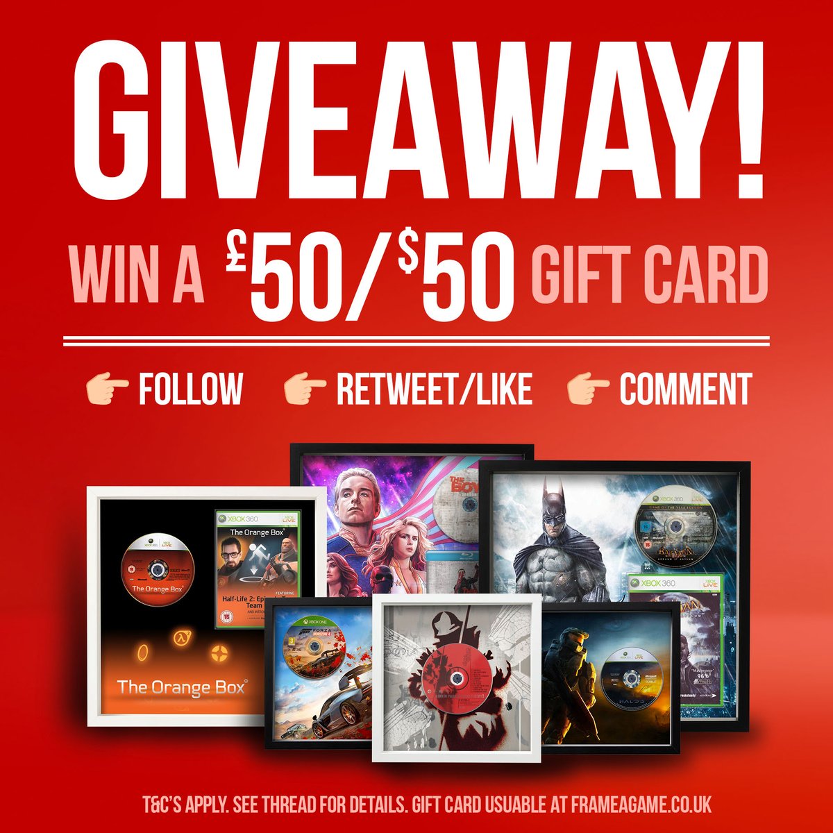 IT’S HERE! 🙌🏼

I’m giving one lucky follower the chance to win a £50/$50 gift card to use at frameagame.co.uk! 

To enter: 

👉🏼 Retweet/like
👉🏼 Follow me
👉🏼 Comment

If we get me over 2k followers, I’ll give 2 additional £25/$25 gift cards!👀

T&amp;Cs apply. See thread 👇🏼