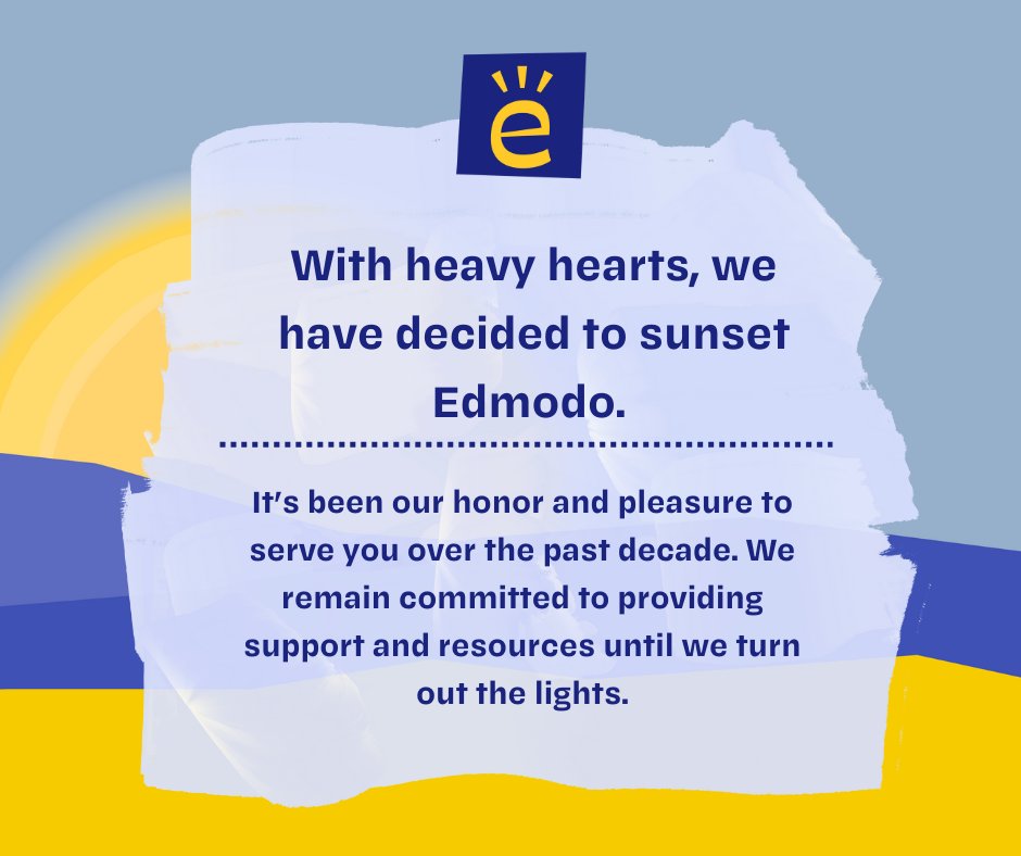 With heavy hearts, we announce the sunsetting of the Edmodo platform on September 22, 2022. It has been a pleasure serving 100 million+ users all over the world for over a decade. We apologize for any inconvenience & remain committed to providing support until then.