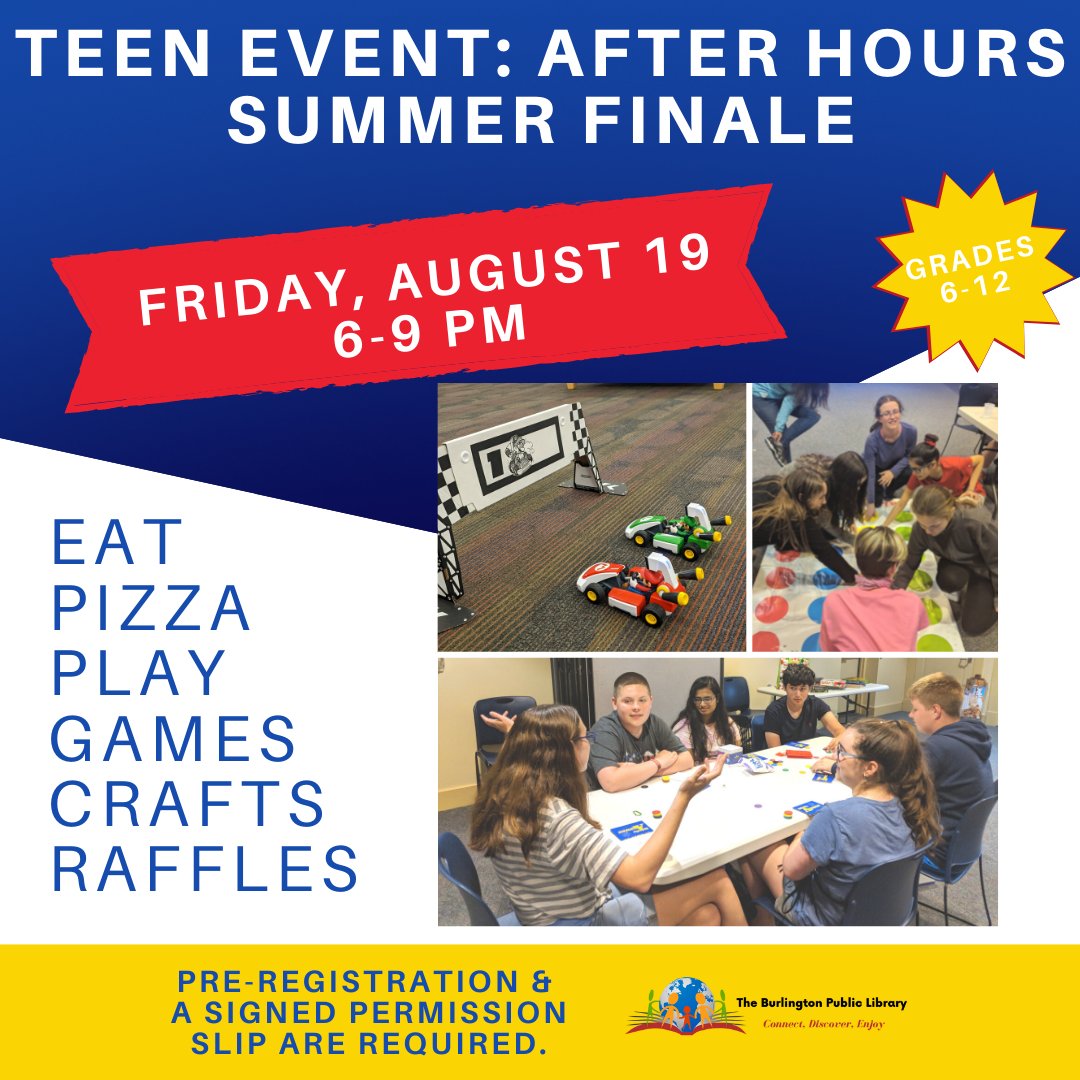 Don't miss Nicole's last teen event! The finale this year is a lock-in. Save your place online, but we need also need a parent signed permission slip by Thursday at 9 PM. 

burlington.assabetinteractive.com/calendar/teen-…