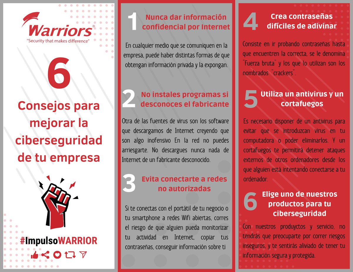 Podrás saber más acerca de la ciberseguridad y qué tan importante es para no sólo para tu infromación sino también para la empresa. #ImpulsoWARRIOR Síguenos en nuestras redes sociales y en nuestro BLOG warriorsdefender.mx #cybersecurity  #gestiónempresarial #educación