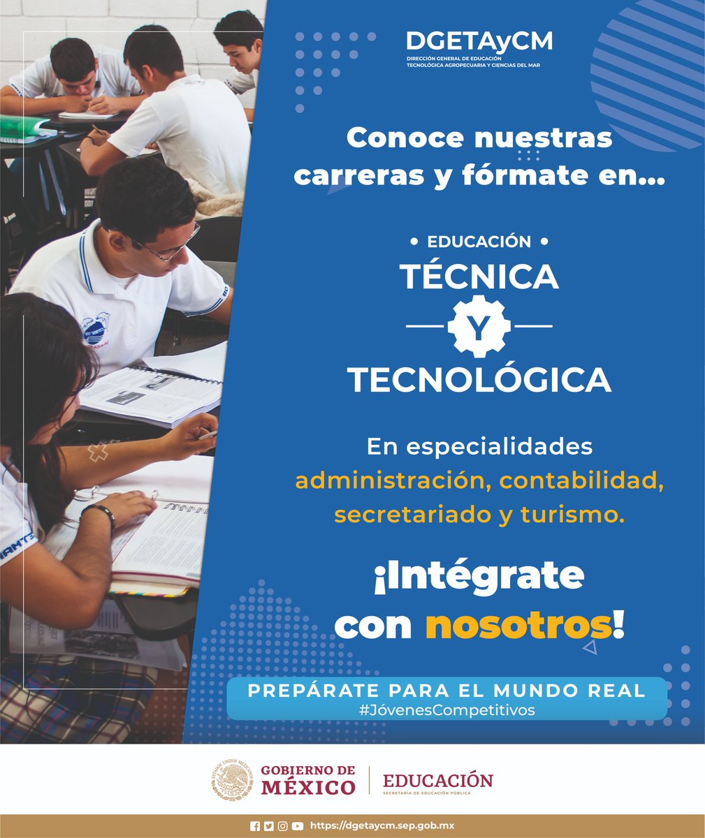 ¿Estás pensando dónde estudiar el #bachillerato? 🤔💭
¡Elige @DGETAyCM con su oferta educativa #TécnicayTecnológica! 🏫📚
Conoce más dando clic aquí 👉 bit.ly/3IrYQrX 
#JóvenesCompetitivos #educación #CETMAR #CETAC #CBTA #CBTF <a href="/SEP_mx/">SEP México</a>