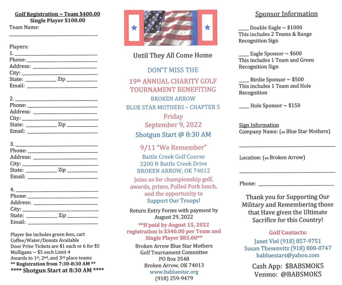 SusanThesenvitz's tweet photo. @DonaldJTrumpJr @EricTrump @POTUS45 
It’s that time of year.. we are gearing up for our 19th Annual Golf Tournament!
We are looking for sponsors and donations for door prizes. Come help support our troops until they all come home. ♥️🇺🇸💙 
Susan T
2nd VP
BA Blue Star Mothers https://t.co/5voAkIg78S